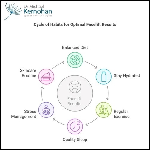 Facelift Surgery and Lifestyle – Habits That Affect Your Results - Cycle of Habits for Optimal Facelift Results Infographic Image